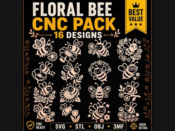 16 Floral Bee CNC SVG STL Bundle Pack