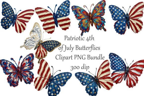 Patriotic Butterflies Clipart PNG Bundle for Creators